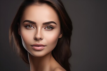 Naklejka premium Beautiful face of a young woman with perfect health skin on dark background. Generative AI