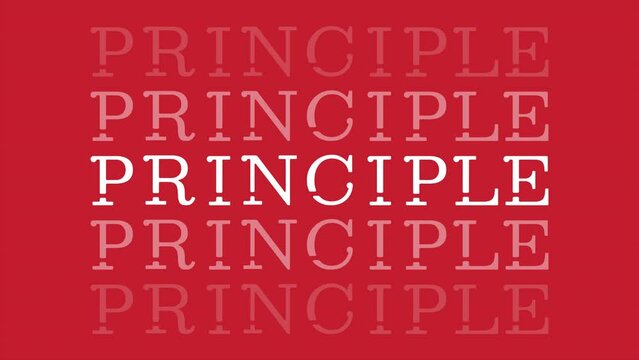 Animated principle text. Repeated word. Fundamental truth. Primary rule. Looped HD font animation on red and replaceable green screen background. Kinetic typography video template with chroma key