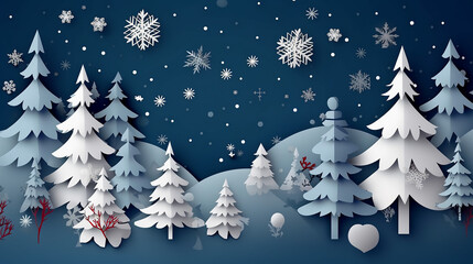 Winter Christmas background with cute paper fir tree. Generative AI