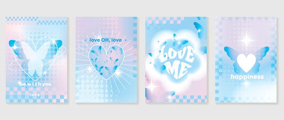 Fototapeta na wymiar Idol lover posters set. Cute gradient holographic background vector with heart pixel, heart, sparkle, butterfly, halftone. Y2k trendy wallpaper design for social media, cards, banner, flyer, brochure.