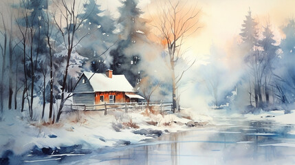 Winter landscape watercolor landscape illustration background. Generative AI