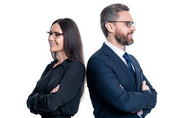 cheerful businesspeople in studio. couple of businesspeople in formalwear.