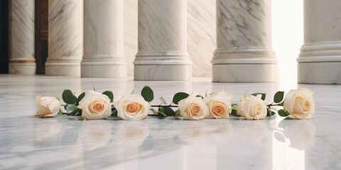 A white marble platform with white roses lining the perimeter of the platform. Funeral concept.