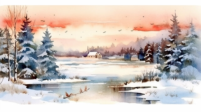 Winter landscape watercolor landscape illustration background.