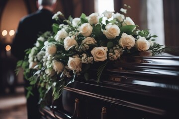 Coffin in the church with white flowers. Funeral ceremony.