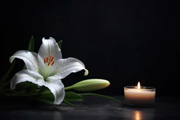 Fotobehang Vuur Beautiful lily and burning candle on dark background with space for text. Funeral white flowers.