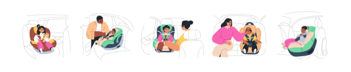 Papier Peint photo Voitures de dessin animé Toddlers sitting in baby car seats for childrens safety, security in road travel. Little kids in auto chairs with protection belts. Flat graphic vector illustrations isolated on white background