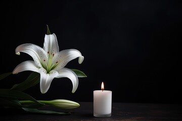 Fototapeta na wymiar Beautiful lily and burning candle on dark background with space for text. Funeral white flowers.