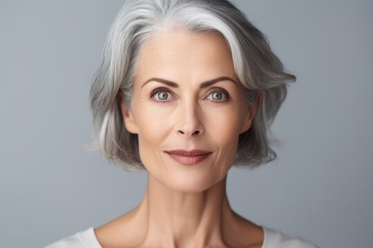 Beautiful gorgeous 50s mid aged mature woman looking at camera isolated on white. Mature old lady close up portrait. Healthy face skin care beauty, middle age skincare cosmetics, cosmetology concept.