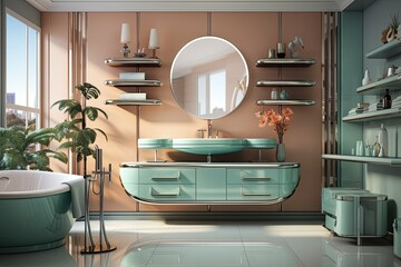 Green Modern and crazy 3D rendering of the bathroom. There is a shelf for toiletries. Sinks and mirrors.Generative ai