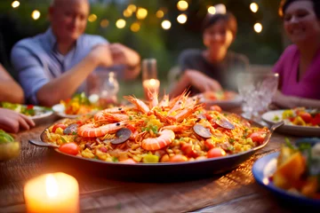  Grupo de gente feliz almorzando en una hermosa mesa en el jardín una deliciosa paella. Concepto de estilo de vida comida y bebida en el exterior disfrutando de una fiesta familiar. © TaniaC.