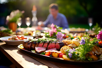 Gente feliz almorzando carne a la brasa en una hermosa mesa en el jardín. Concepto de estilo de vida barbacoa, comida y bebida disfrutando de una fiesta en el exterior. - obrazy, fototapety, plakaty