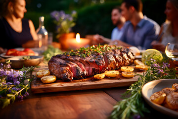 Gente feliz cenando carne a la brasa en una hermosa mesa en el jardín. Concepto de estilo de vida barbacoa, comida y bebida disfrutando de una fiesta en el exterior.