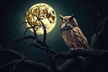 Poster Tiny cute owl in the night illustration of cute owl under the full moon © Anjali