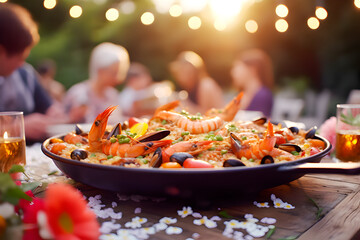 Grupo de gente feliz almorzando en una hermosa mesa en el jardín una deliciosa paella. Concepto de estilo de vida comida y bebida en el exterior disfrutando de una fiesta en el restaurante.