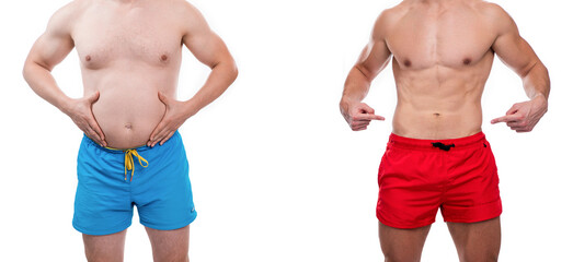 before and after body comparison of men in studio, advertisement. cropped men