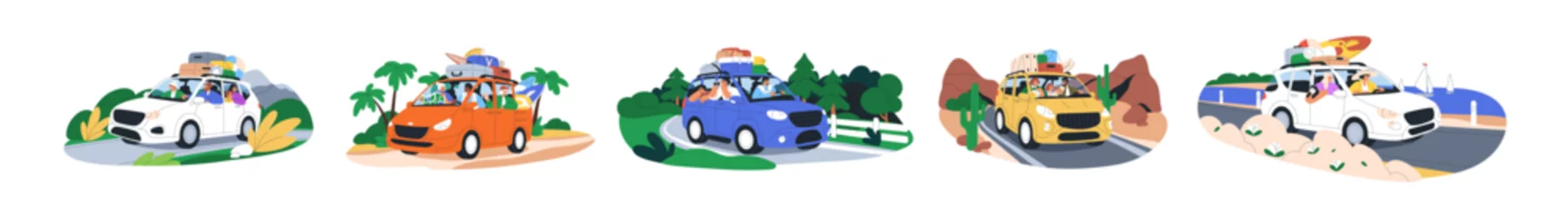 Fototapete Cartoon-Autos Happy families, friends travel by car, van. Road trip, journey on summer holiday set. People in auto adventure, driving to sea, nature at weekend. Flat vector illustration isolated on white background