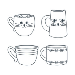 Dishes. A set of mug, cup. Line art.