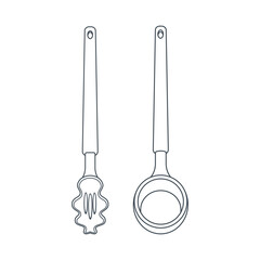 Dishes. A set of kitchen a large wooden spoon with holes, a ladle. Line art.