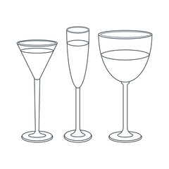 Dishes. A set of glass, cocktail, champagne, wineglass with a drink. Line art.