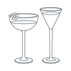 Dishes. A set of glass, cocktail, wineglass with a drink. Line art.