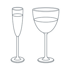 Dishes. A set of glass, cocktail, champagne, wineglass with a drink. Line art.