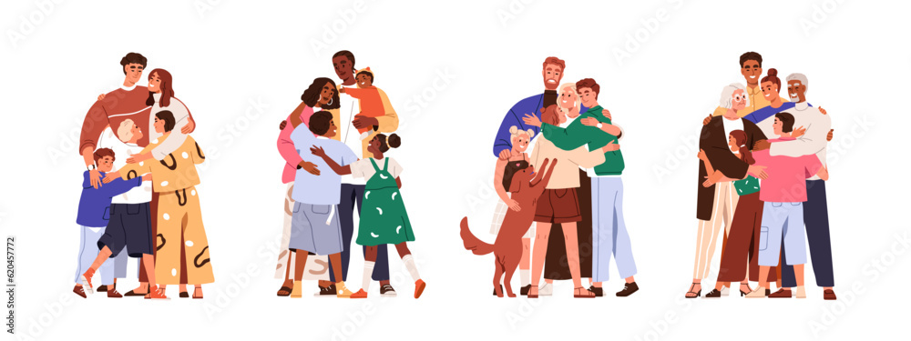 Poster happy big families hug set. parents and kids embrace with love, support. mothers, fathers, children 