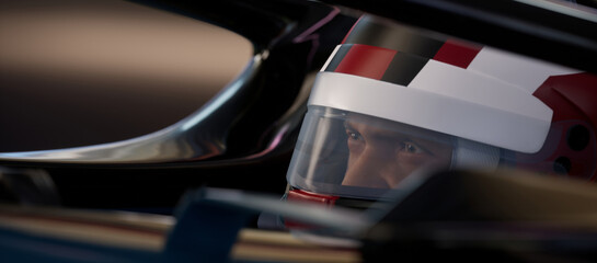 ECU Portrait of modern race car pilot driving fast during a race. Realistic 3d Rendering