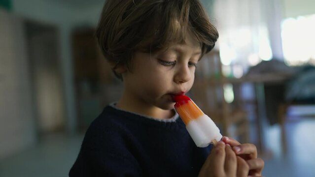 One small boy eating popsicle ice cream. Child holding colorful sweet dessert snack