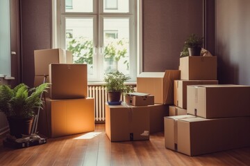 Move concept. Cardboard boxes and cleaning things for moving into a new home. Cardboard boxe background.