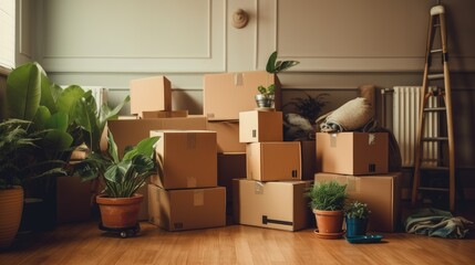 Move concept. Cardboard boxes and cleaning things for moving into a new home. Cardboard boxe background.