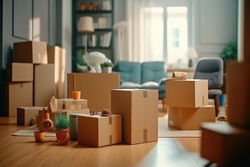 Move concept. Cardboard boxes and cleaning things for moving into a new home. Cardboard boxe background.