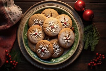Obraz na płótnie Canvas Plate of delicious christmas cookies created using generative Ai tools