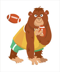 Cute gorilla playing rugby. Sport ball. Vector cartoon isolated illustration on white background. Funny monkey animal in tracksuit for design. 