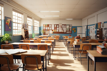 Fototapeta na wymiar Empty school classroom with blackboard, back to school, education concept, AI Generative. .
