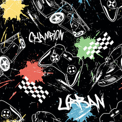 urban seamless pattern for guys. white contour joystick and car, blots and scuffs