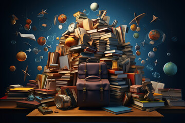 Brown   backpack with levitation, flying school supplies, books, back to school and education concept, AI generative.