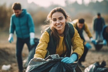 Team of young and diversity volunteer worker group enjoy charitable social work outdoor in cleaning...