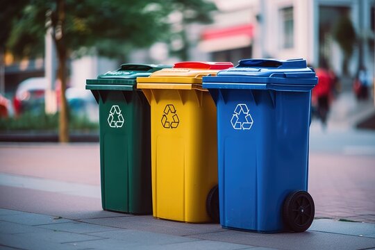 Plastic, glass, metal and paper recycle bins. Trash cans for garbage separation. Recycling concept.