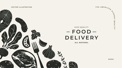 Fototapeta Various food. Textured silhouette illustration. Italian food horizontal background. obraz