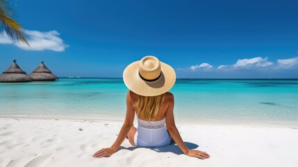 Fototapeta na wymiar Rear view of a beautiful woman with hat sitting on the sea beach.