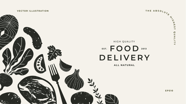 Various food. Textured silhouette illustration. Italian food horizontal background.