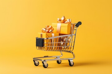 Shopping cart with gift boxes, isolated on yellow background