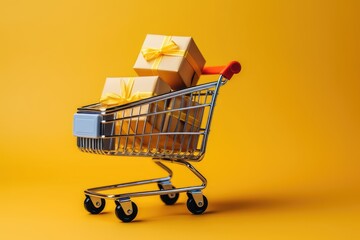 Shopping cart with gift boxes, isolated on yellow background - obrazy, fototapety, plakaty