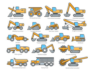 Construction machinery set of icons. Each icon with text label description. Earth mover machine types. Colorful vector clip art on white background. © andriocolts