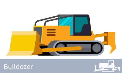 Naklejka premium Bulldozer with log hood guard minimalistic icon. Forestry construction equipment isolated vector. Heavy equipment vehicle. Color icon illustration on white background.