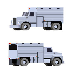 Chip truck. Wood chip vehicle for collecting and carrying chipped felled trees and brunches after tree trimming into back of chip truck. Front and back side view. Vector clip art on white background