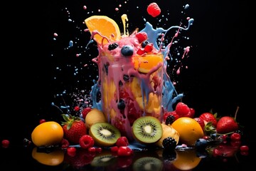 Obraz na płótnie Canvas A glass filled with fruit and ice cream. AI