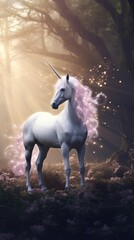Fototapeta na wymiar a white unicorn with pink mane and tail standing in a forest