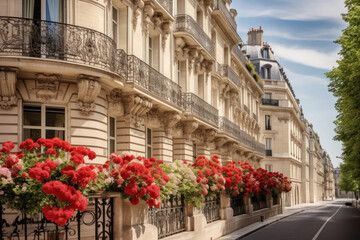 Fototapeta na wymiar Rue de Paris d'immeubles Haussmanniens avec des balcons fleuris de géraniums rouges